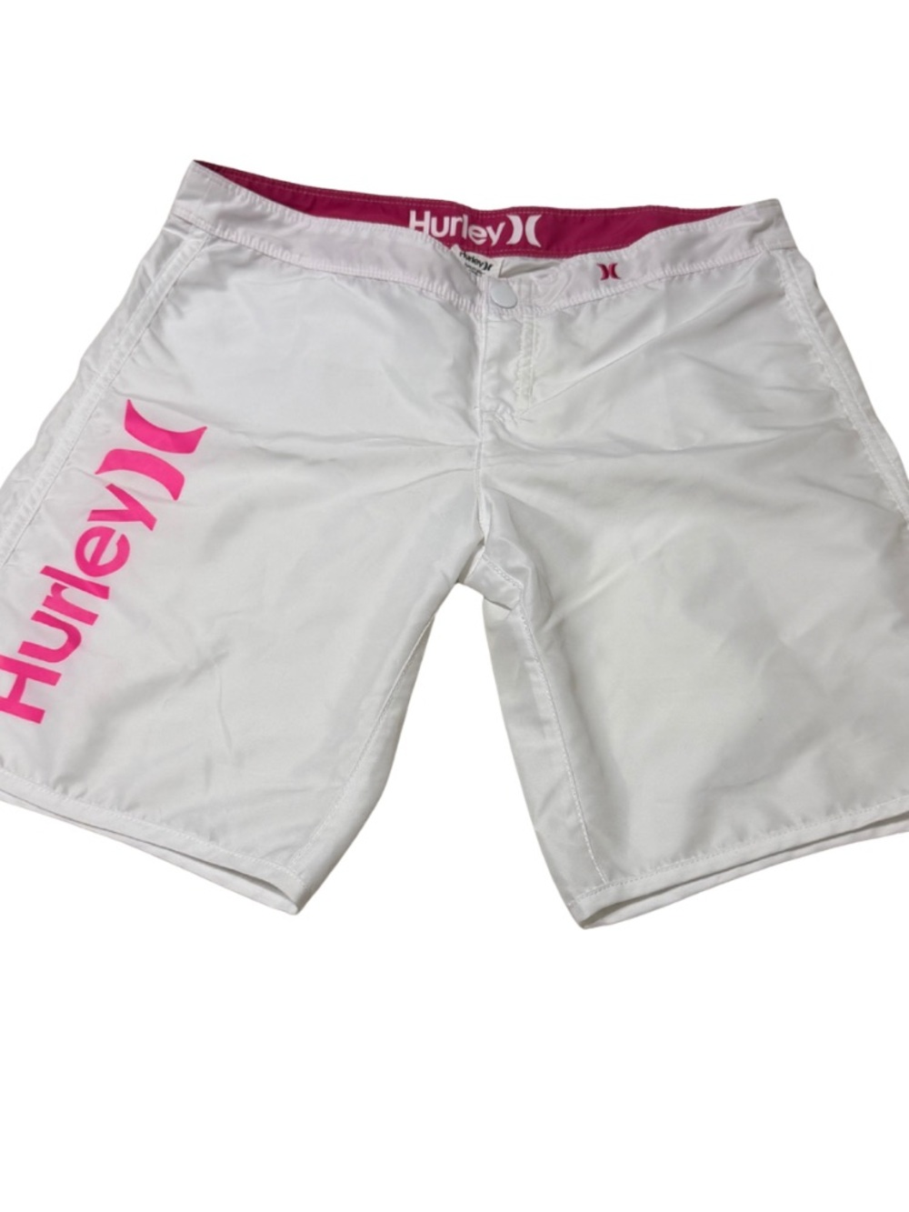 Hurley Women’s White Board Shorts with Pink Logo size 5